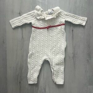 Janie and Jack Ivory Cable Knit Ruffle Collar One-Piece with Red Waist Trim